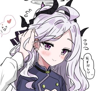 1boy 1girl ahoge black_halo black_horns blue_archive blue_jacket blush closed_mouth commentary demon_girl demon_horns e_v_e_neko ear_piercing flying_sweatdrops forehead halo heart hickey highres hina_(blue_archive) horns jacket long_hair long_sleeves looking_at_viewer parted_bangs piercing pov pov_hands puffy_long_sleeves puffy_sleeves purple_eyes sensei_(blue_archive) simple_background smile solo_focus speech_bubble spoken_heart translated white_background white_hair