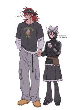 Rule 34 | !, 1boy, 1girl, abarai renji, adidas, amugonagurim, animal ear headwear, black hair, black headband, black jacket, black pants, black shirt, black shoes, black skirt, bleach, breasts, brown shoes, cargo pants, commentary request, couple, fake animal ears, full body, grey eyes, grey pants, hair between eyes, hand in pocket, headband, hetero, highres, holding hands, jacket, korean commentary, kuchiki rukia, long hair, low ponytail, medium breasts, pants, pants under skirt, pleated skirt, ponytail, print shirt, red hair, shirt, shirt under shirt, shoes, short hair, skirt, sticker, sticker on face, white background, white shirt