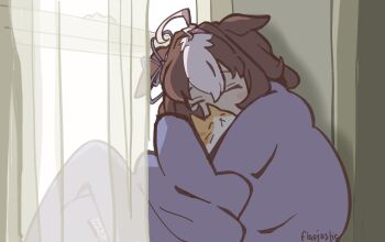 ahoge animal_ears blanket blush bow brown_hair cat closed_eyes closed_mouth curtains double-parted_bangs ear_ribbon flapjastic hair_between_eyes hairband highres horse_ears horse_girl meisho_doto_(umamusume) meto_(cat) multicolored_hair pink_hairband shirt short_hair two-tone_hair umamusume white_hair window wrapped_in_blanket