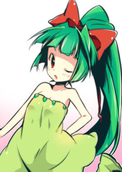 1girl arm_behind_back blush bow chikorita dress female_focus gen_2_pokemon gradient_background green_hair hair_bow long_hair nakamura_sandayo nintendo one_eye_closed personification pokemon ponytail red_eyes ribbon solo wink