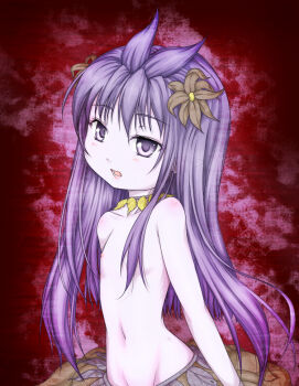 Rule 34 | 1girl, alraune, blush, brown flower, commentary request, dark pinguicula, flat chest, flower, hair flower, hair ornament, haty, long hair, looking at viewer, monster girl, navel, nipples, nude, open mouth, plant girl, purple eyes, purple hair, ragnarok online, red background, solo, upper body
