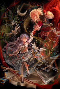 2girls aver_(yumenokessho) bang_dream! bang_dream!_it's_mygo!!!!! bird blonde_hair blue_hair commentary_request doloris_(bang_dream!) dove earrings gloves grey_skirt highres holding_hands jewelry long_hair long_sleeves medium_hair misumi_uika mulangfang multiple_girls purple_eyes red_gloves shirt sidelocks skirt socks string string_of_fate togawa_sakiko two_side_up white_shirt white_socks yumenokessho