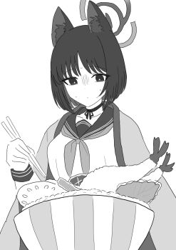 Rule 34 | 1girl, absurdres, animal ears, black eyes, black hair, blue archive, bob cut, cat ears, cat girl, cat tail, chopsticks, closed mouth, commentary request, commission, dot mouth, food, halo, highres, holding, holding chopsticks, kikyou (blue archive), mitsumoto amata, monochrome, school uniform, short hair, shrimp, shrimp tempura, simple background, skeb commission, solo, tail, tempura, white background