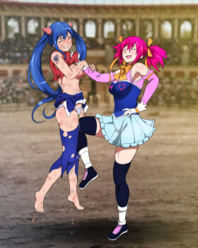 2girls breasts catfight defeat highres humiliation large_breasts multiple_girls peeing pink_hair ryona sheria_blendy smile tagme tears wendy_marvell