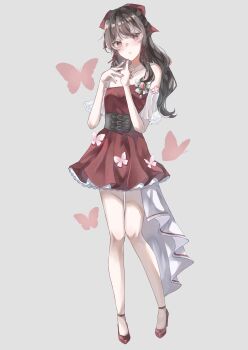 Rule 34 | 1girl, :o, absurdres, alternate costume, bare legs, bare shoulders, black corset, black hair, bow, brown eyes, buckle, butterfly ornament, carin (c arin1012), corset, crop top, dress, frilled dress, frills, hair bow, hair ribbon, hakurei reimu, hand on own chin, head tilt, high heels, highres, knees together feet apart, light blush, long hair, looking at viewer, makeup, mascara, nail polish, off-shoulder dress, off shoulder, open mouth, red bow, red dress, red nails, red shoes, ribbon, shoes, short dress, sidelocks, simple background, solo, strap, tailcoat, touhou, white bow, white tailcoat