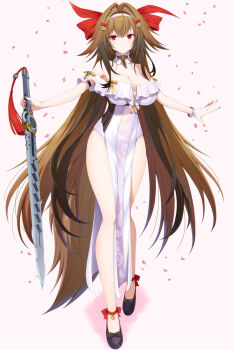 1girl animal_ears armlet asamura_hiori bare_shoulders blush bracelet breasts brown_hair brown_tail china_dress chinese_clothes cleavage closed_mouth clover clover_hair_ornament commentary_request dress droopy_ears hair_ornament hairband highres horse_ears horse_girl horse_tail jewelry large_breasts long_hair looking_at_viewer metal_bracelet pelvic_curtain qingming_sword red_eyes silver_armlet silver_bracelet smile solo standing tail very_long_hair white_dress white_hairband ye_shunguang zenless_zone_zero