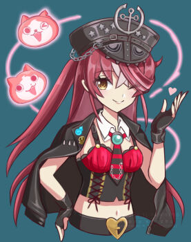 Rule 34 | > o, 1girl, alternate costume, black gloves, breasts, cat, commentary request, detached collar, fingerless gloves, gloves, hololive, houshou marine, jacket, jacket on shoulders, jibanyan, kirara (hitominak3), long hair, looking at viewer, midriff, navel, necktie, notched ear, one eye closed, open mouth, pink hair, short necktie, simple background, smile, solo, virtual youtuber, yellow eyes, youkai watch