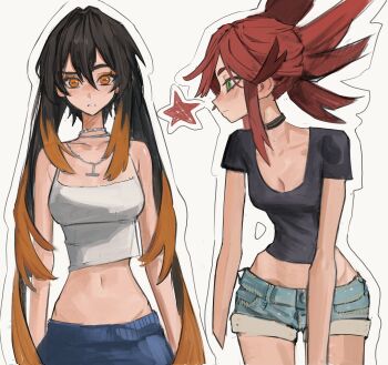 2girls absurdres amo_empool bare_shoulders black_choker black_hair black_shirt blue_shorts blush breasts choker cleavage closed_mouth collarbone colored_tips commentary crop_top denim denim_shorts english_commentary eyeshadow folded_ponytail gachiakuta green_eyes hair_between_eyes highres jewelry long_hair looking_at_another makeup medium_breasts midriff multicolored_hair multiple_girls narrow_waist navel necklace orange_eyes orange_eyeshadow orange_hair outline profile riyo_reaper shirt short_sleeves shorts skinny sleeveless sleeveless_shirt star_(symbol) stomach tank_top tefi_blum two-tone_hair very_long_hair white_background white_outline white_tank_top
