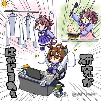 &gt;_&lt; 2girls agnes_tachyon_(umamusume) ahoge animal_ears apron bags_under_eyes book bow bowtie chair checkered_ribbon computer dantsu_flame_(umamusume) ear_covers ear_ribbon emphasis_lines empty_eyes frying_pan highres horse_ears horse_girl horse_tail lab_coat laptop long_sleeves multiple_girls paper pink_apron piyoko_kankan pleated_skirt purple_serafuku purple_shirt purple_skirt purple_thighhighs sailor_collar sailor_shirt school_uniform serafuku shirt sitting skirt sleeves_past_fingers sleeves_past_wrists swivel_chair tail thighhighs tracen_school_uniform twitter_username umamusume white_bow white_bowtie white_hair winter_uniform