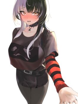 1girl absurdres black_choker black_dress black_hair black_shirt black_skirt blush breasts character_print choker dress grey_hair grey_pantyhose highres hololive hololive_english large_breasts layered_sleeves long_hair long_sleeves miniskirt multicolored_hair nose_blush orange_sleeves pantyhose shiori_novella shirt short_over_long_sleeves short_sleeves simple_background skirt solo split-color_hair striped_sleeves sweat two-tone_hair virtual_youtuber white_background yellow_eyes yorick_(shiori_novella) yotamono