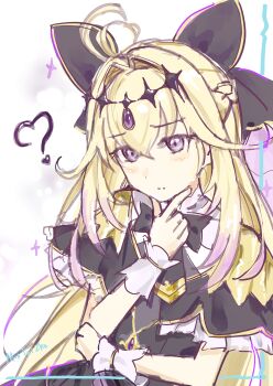 Rule 34 | 1girl, ?, absurdres, antenna hair, artist name, black capelet, bow, braid, capelet, chinese commentary, closed mouth, commentary request, cure arcana shadow, diamond hairband, dress, forehead jewel, gem, gold trim, gradient hair, hair bow, hair intakes, half up braid, hand on own chin, highres, magical girl, meitantei precure!, moria luluka, multicolored hair, precure, purple eyes, purple gem, purple veil, sleeveless, sleeveless dress, solo, sparkle background, thinking, upper body, veil, white wrist cuffs, wrist cuffs, xie e ming tai zi