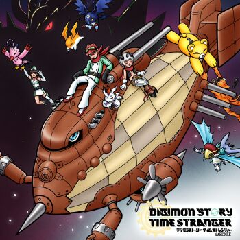 Rule 34 | 2girls, 3boys, aegiomon, aircraft, bat (animal), bird, black eyes, black gloves, black hair, black horns, black vest, blimpmon, blue eyes, blue hair, blue wings, body markings, brown hair, closed eyes, commentary, derivative work, digimon, digimon story: time stranger, digimon world, dirigible, dress, elbow gloves, english commentary, etemon, extra eyes, facial mark, gloves, goggles, goggles on head, gomamon, green dress, green jacket, grey hair, group picture, highres, horns, jacket, low twintails, microphone, monzaemon, multicolored jacket, multiple boys, multiple girls, no shirt, pants, patamon, picodevimon, piyomon, pointy ears, red scarf, satyr, scarf, seal (animal), sirenmon, sitting, stuffed animal, stuffed monkey, stuffed toy, teddy bear, thesabedile, titamon, twintails, two-tone dress, two-tone jacket, vest, white dress, white gloves, white jacket, white pants, wings, yellow eyes, yuuki dan, yuuki kanan