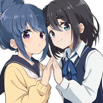 Rule 34 | 2girls, amamiya satsuki (mono), azumawari (azumofu), black hair, black sailor collar, blue eyes, blue hair, blue ribbon, blue sweater vest, blush, closed mouth, collared shirt, commentary request, hair between eyes, hair bun, hand on another's hand, long sleeves, looking at viewer, mono (afro), motosu school uniform, multiple girls, neck ribbon, neckerchief, purple eyes, ribbon, sailor collar, school uniform, shima rin, shirt, sidelocks, simple background, single hair bun, smile, sweater, sweater vest, thick eyebrows, upper body, white background, white neckerchief, white shirt, yellow sweater, yurucamp