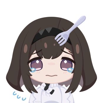 1girl arknights black_hair black_hairband flying_sweatdrops fork gribberoni hairband highres looking_at_viewer medium_hair priestess_(arknights) purple_eyes shirt solo straight-on tearing_up tears transparent_background white_shirt