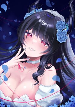 Rule 34 | 1girl, absurdres, bare shoulders, black hair, black horns, blue background, blue flower, blue petals, blue rose, blush, breasts, cleavage, dress, flower, goldfishy, hair flower, hair ornament, highres, horns, large breasts, long hair, mole, mole under eye, nerissa ravencroft, oyomeholic (nerissa ravencroft), petals, purple eyes, rose, solo, strapless, strapless dress, string, string of fate, upper body, white dress