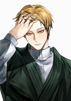 1boy blonde_hair closed_mouth commentary_request ear_piercing earrings hand_on_own_head highres japanese_clothes jewelry jujutsu_kaisen looking_at_viewer male_focus multiple_piercings piercing short_hair simple_background solo upper_body white_background xingkon818 yellow_eyes zen&#039;in_naoya