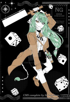 1girl animal_ears arm_up artist_name bag bell black_background black_ribbon black_sclera black_skirt brown_jacket brown_shoes cleaver closed_mouth colored_sclera commentary commission cow_ears cow_girl cow_horns cow_tail crelly deviantart_logo deviantart_username dice dice_hair_ornament english_commentary eyelashes full_body green_hair hair_intakes hair_ornament hairclip handbag heterochromia holding holding_cleaver horns indie_virtual_youtuber jacket long_hair long_sleeves merchandise_available mismatched_sclera mismatched_socks mole mole_under_mouth neck_bell neck_ribbon open_clothes open_jacket red_eyes ribbon seribaka shirt shoes skirt smile solo tail virtual_youtuber watermark web_address white_eyes white_shirt