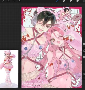 Rule 34 | 1boy, 1girl, alien stage, animal ear headphones, animal ears, art program in frame, bare shoulders, bear paws, black eyes, black hair, breasts, chinese commentary, commentary, cosplay, fake animal ears, frilled skirt, frills, hair between eyes, halterneck, headphones, highres, ivan (alien stage), mizi (alien stage), navel, nitroplus, one eye closed, open mouth, pink hair, pink skirt, red pupils, reference inset, skirt, smile, sukebegg, super sonico, super sonico (cosplay)