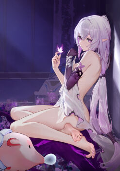 1girl absurdres barefoot bright_pupils bug butterfly butterfly_on_hand castorice_(honkai:_star_rail) commentary_request covering_privates elbow_gloves feet from_side gloves highres holding holding_unworn_clothes honkai:_star_rail honkai_(series) insect le_(huanglongen) long_hair nail_polish nude_cover pointy_ears purple_butterfly purple_eyes purple_gloves purple_hair purple_nails single_elbow_glove sitting soles solo thighs toenail_polish toenails toes torn_clothes very_long_hair white_pupils yokozuwari
