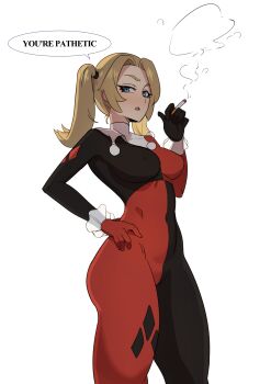 absurdres arrogant blonde_hair blue_eyes cell_shading commission femdom foggy har harley_quinn highres looking_at_viewer looking_down smoking smoking_cigarette talking tsundere