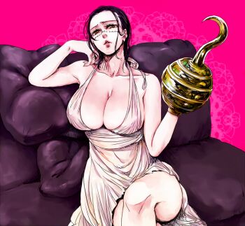1girl black_hair breasts cleavage couch dress genderswap genderswap_(mtf) hook hook_hand huge_breasts large_breasts one_piece pink_background scar crocodile_(one_piece) urogi_aya yellow_eyes