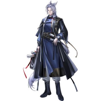 1boy 3mo animal_ears arknights bag black_boots blue_yuanlingpao boots cat_boy cat_ears cat_tail chinese_clothes full_body gu_quan_(arknights) highres holding holding_bag long_hair male_focus mature_male official_art old old_man purple_ears purple_eyes purple_hair purple_tail simple_background solo standing tachi-e tail third-party_source transparent_background yuanlingpao