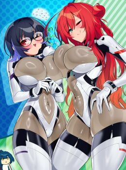 3girls aqua_eyes asymmetrical_docking black_hair blue_hair blush bodysuit breast_press breasts chibi closed_mouth commentary_request covered_navel flying_sweatdrops glasses gloves hair_bun hand_on_another's_cheek hand_on_another's_face harimayuslayer high_ponytail highres huge_breasts ikoma_aoi_(muv-luv) impossible_bodysuit impossible_clothes impossible_leotard large_breasts leotard long_hair mecha_pilot_suit multicolored_hair multiple_girls muv-luv muv-luv_girls_garden namise_uruu one_eye_closed open_mouth ponytail red_eyes red_hair short_hair single_side_bun sound_effects yunagi_maia