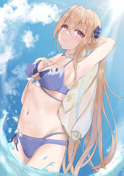 1girl absurdres arm_behind_head beach blonde_hair blush breasts cloud cloudy_sky commentary_request hand_on_own_chest heaven_burns_red highres long_hair medium_breasts ocean red_eyes shirakawa_yuina sky smyin_rii swimsuit water