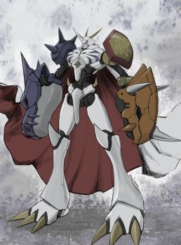 Rule 34 | armor, cape, chest jewel, digimon, digimon (creature), full body, grey background, highres, mas square, mecha, omegamon, red cape, robot, shoulder armor, shoulder spikes, simple background, spikes, standing, two-sided cape, two-sided fabric, white cape