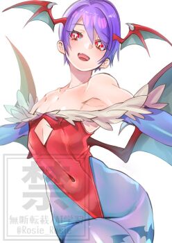 1girl animal_print bare_shoulders bat_print bat_wings blue_pantyhose clothing_cutout commentary covered_navel darkstalkers demon_girl detached_sleeves diamond_cutout fang flat_chest fur-trimmed_leotard fur_trim head_wings highleg highleg_leotard leotard lilith_(darkstalkers) looking_at_viewer open_mouth outstretched_arms pantyhose print_pantyhose purple_hair red_eyes red_leotard rosie_rosie short_hair simple_background skin_fang solo spread_arms white_background wings