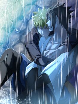 2boys absurdres arms_around_neck bilingual_commentary black_hair black_jacket black_pants blonde_hair closed_eyes closed_mouth collarbone commentary commentary_request english_commentary feet_out_of_frame hair_behind_ear head_on_another's_shoulder highres jacket long_sleeves male_focus mi73suki mixed-language_commentary multiple_boys naruto_(series) naruto_shippuuden pants pectoral_cleavage pectorals rain robe sitting stone_wall uchiha_sasuke uzumaki_naruto wet wet_clothes wet_hair white_robe yaoi