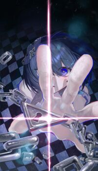 Rule 34 | 1girl, blue eyes, blue hair, bob cut, chain, checkered floor, dress, duoyun de tiankong, fingerprint, from above, glowing, highres, honkai (series), honkai impact 3rd, lock, looking at viewer, open mouth, outstretched hand, seele vollerei, seele vollerei (stygian nymph), solo, white dress