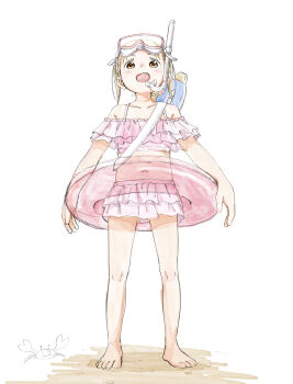 Rule 34 | 1girl, absurdres, bikini, blush, brown eyes, brown hair, carb, diving mask, frilled bikini, frills, full body, goggles, highres, ichigo mashimaro, innertube, matsuoka miu, mitsuo252, navel, open mouth, snorkel, solo, swim ring, swimsuit, twintails