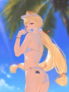 Rule 34 | 1girl, alice thymefield, alternate costume, ass, bikini, blonde hair, candy, food, hair ornament, highres, holding, holding candy, holding food, holding lollipop, lollipop, low twintails, orange eyes, pom pom (clothes), pom pom hair ornament, rabbit girl, solo, sphere hair ornament, swimsuit, twintails, white bikini, yynahh02, zenless zone zero