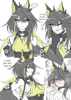 Rule 34 | ..., 1girl, ahoge, arknights, bare shoulders, black hair, blush, closed mouth, colored skin, commentary, crying, embarrassed, english commentary, fang, green eyes, green hair, hair between eyes, hair over one eye, hand on own chin, heart, hickey, highres, huge ahoge, implied yuri, long hair, material growth, mon3tr (arknights), multiple views, nose blush, one eye closed, one eye covered, open mouth, oripathy lesion (arknights), profile, puff of air, simple background, skin fang, smile, sparkle, split mouth, spoken ellipsis, star of life, tecchan 15, twitter username, watermark, white background, white skin