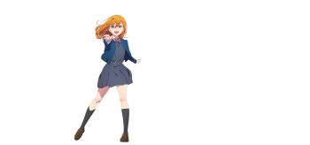 1girl black_socks blue_jacket brown_shoes collared_shirt dress dress_shirt full_body grey_dress highres jacket kneehighs loafers long_hair long_sleeves looking_at_viewer love_live! love_live!_superstar!! neck_ribbon negative_space official_art open_clothes open_jacket open_mouth orange_hair outstretched_arm outstretched_hand pinafore_dress purple_eyes reaching reaching_towards_viewer red_ribbon ribbon school_uniform shibuya_kanon shirt shoes short_dress sleeveless sleeveless_dress smile socks solo standing tachi-e teeth white_shirt winter_uniform yuigaoka_school_uniform