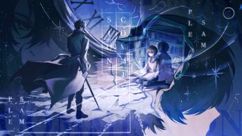 2boys black_coat black_hair book bookshelf coat collared_shirt copyright_name dual_persona from_above full_body glowing highres holding holding_book holding_sword holding_weapon kim_dokja light_rays looking_at_another male_focus mini_person miniboy multiple_boys oldest_dream omniscient_reader&#039;s_viewpoint on_ground open_clothes open_coat open_skull paper seiza shadow shirt short_hair sitting sky space sqtaya1 standing star_(sky) starry_sky surreal sword symbolism vest weapon white_shirt wind wind_lift yellow_vest yoo_joonghyuk