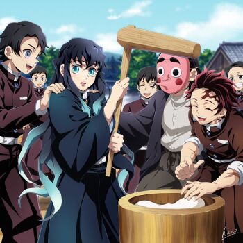 Rule 34 | 6+boys, aqua eyes, aqua hair, architecture, belt, belt buckle, black hair, black haori, blue eyes, blue hakama, blue sky, brown hakama, buckle, buttons, closed eyes, cloud, demon slayer uniform, earrings, east asian architecture, facial mark, food, forehead mark, hakama, hakama pants, hana ni nare, hanafuda earrings, haori, highres, holding, holding mallet, hyottoko mask, japanese clothes, jewelry, kamado tanjirou, kanamori kouzou, kimetsu no yaiba, kine, long hair, male focus, mallet, mochi, mochitsuki, mortar (bowl), multicolored hair, multiple boys, open mouth, outdoors, pants, purple eyes, red hair, scar, scar on arm, signature, sky, smile, tokitou muichirou, tree, white belt