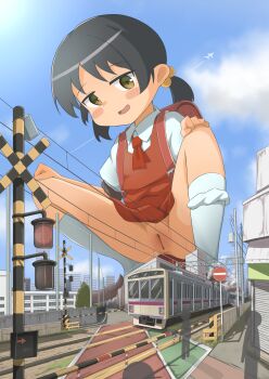 1girl absurdres aircraft airplane anus backpack bag black_hair blush_stickers building city cleft_of_venus cloud female_focus giant giantess hair_bobbles hair_ornament highres kaai_yuki keio_corporation loli looking_at_viewer multiple_unit_train necktie open_mouth outdoors panties_around_leg public_indecency public_nudity pussy railroad_crossing railroad_tracks randoseru red_necktie red_skirt road_sign school_uniform short_twintails sign silhouette skirt sky skyscraper smile socks spread_legs squatting train twintails udonko_(tinanago7715) uncensored vocaloid white_socks yellow_eyes