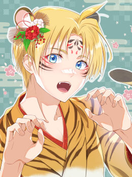 Rule 34 | 19670615t, 1boy, animal print, blonde hair, blue eyes, chinese zodiac, claude c. kenny, flower, hair flower, hair ornament, highres, looking at viewer, male focus, new year, open mouth, paw pose, short hair, solo, star ocean, star ocean: the second story, tail, tiger print, tiger tail, year of the tiger