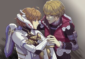 1boy 1girl ahoge blonde_hair bodysuit cyborg fiora_(xenoblade) gold_trim hood hoodie knees_up looking_at_viewer mechanical_wings parted_lips red_hoodie short_hair shulk_(xenoblade) sitting sweater tori_(11toritori) white_bodysuit wings xenoblade_chronicles_(series) xenoblade_chronicles_1