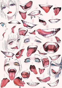 absurdres angelbite_(piercing) aqua_eyes blue_eyes commentary face_piercing fangs forked_tongue grey_eyes highres labret_piercing lip_piercing mayamadesu open_mouth original piercing purple_eyes red_eyes snakebite_(piercing) symbol-only_commentary tareme teeth tongue tongue_out tongue_piercing yellow_eyes