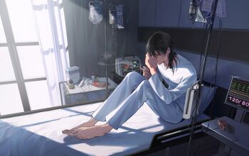 1boy barefoot bed black_hair cable cardiogram chainsaw_man check_spoilers chinese_commentary cigarette cigarette_pack commentary_request curtains day earrings eyepatch green_eyes hayakawa_aki highres holding holding_cigarette hospital hospital_bed indoors intravenous_drip jewelry knees_up long_sleeves male_focus medicine medium_hair ningyu706 pants pill_bottle serving_cart shirt sitting smoking solo spoilers stud_earrings unworn_eyepatch white_pants white_shirt window window_shadow