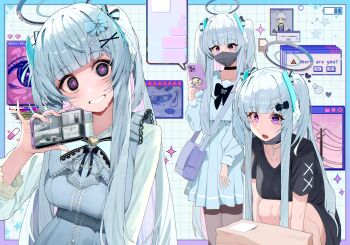 1girl @_@ absurdres bag black_choker black_mask black_shirt blue_archive blue_hair blue_serafuku blue_shirt blush choker crack cracked_glass cracked_phone cracked_screen crazy_eyes cross cross_necklace desktop_(computing) fingernails grin halo handbag highres holding holding_phone icon_(computing) jewelry jirai_kei josal long_fingernails long_hair long_skirt mechanical_halo necklace noa_(blue_archive) phone purple_eyes ringed_eyes school_uniform serafuku shirt skirt smile solo sweatdrop window_(computing)