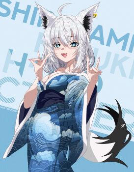 1girl ahoge alternate_costume animal_ear_fluff animal_ears bare_shoulders blue_eyes braid breasts cleavage earrings fang fox_ears fox_shadow_puppet fox_tail highres hololive japanese_clothes jewelry kimono long_hair looking_at_viewer medium_breasts nasterro off_shoulder open_mouth shirakami_fubuki single_braid skin_fang smile solo tail unmoving_pattern virtual_youtuber white_hair wide_sleeves