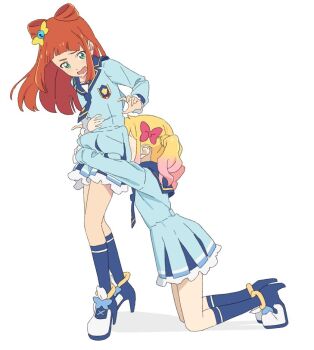2girls aikatsu!_(series) aikatsu_stars! bell blonde_hair blue_dress blue_necktie blue_sailor_collar blue_serafuku blue_shoes blue_socks blunt_bangs bow bow-shaped_hair dot_nose dress emblem fang frilled_dress frills from_side full_body furrowed_brow gradient_hair green_eyes hair_bell hair_bow hair_ornament hands_up high_heels hug hug_from_behind kenbi kneeling leaning_forward light_blush long_hair looking_at_another looking_back medium_dress multicolored_hair multicolored_shoes multiple_girls necktie nijino_yume orange_hair pink_bow pink_hair sailor_collar saotome_ako school_uniform serafuku shoes sidelocks simple_background socks standing straight_hair twintails two-tone_hair two-tone_shoes wavy_hair white_background white_shoes yellow_bow yotsuboshi_academy_school_uniform