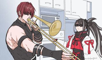 1boy 1girl black_hair black_scarf cabinet cupboard fate/grand_order fate_(series) haori harada_sanosuke_(fate) holding holding_instrument holding_trombone instrument japanese_clothes kawakami_gensai_(fate) kitchen masaki_(star8moon) meme microwave multicolored_hair music oven playing_instrument ponytail red_hair scarf sleeveless streaked_hair sunglasses toned toned_male trombone when_mama_isn&#039;t_home_(meme) white_hair white_haori