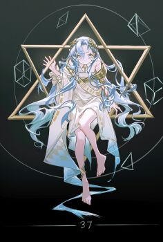 Rule 34 | 1girl, 37 (reverse:1999), ancient greek clothes, anklet, armlet, bare legs, bare shoulders, barefoot, black background, blue eyes, blue hair, character name, closed mouth, cube, facing viewer, full body, geometry, gradient background, greco-roman clothes, hair between eyes, hand up, hexagram, highres, jewelry, junjungua, laurel crown, leaning forward, long hair, looking to the side, math, reverse:1999, sitting, smile, solo, straight-on, tetrahedron, toga, triangle, very long hair