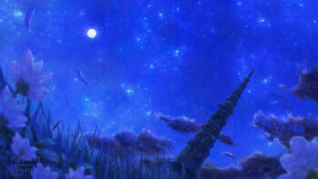 commentary_request fantasy flower full_moon grass highres mame_yuduru moon night no_humans original outdoors scenery sky star_(sky) starry_sky tower white_flower