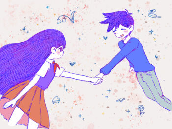 1boy 1girl alternate_costume antenna_hair blue_sweater blush bright_pupils closed_eyes closed_mouth collared_shirt colored_skin double-parted_bangs grey_pants hair_between_eyes hero_(headspace)_(omori) hero_(omori) holding_hands long_hair long_sleeves looking_at_another mari_(headspace)_(omori) mari_(omori) neckerchief omori open_mouth pants pleated_skirt purple_eyes purple_hair purple_sweater_vest red_neckerchief red_skirt shirt short_hair short_sleeves skirt smile sun_iiinu sweater sweater_vest white_pupils white_shirt white_skin